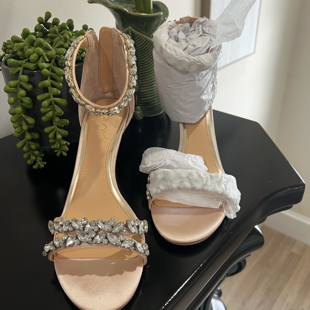 Jewel Badgley Mischka Nude High Heeled Sandals with Rhinestone Strap